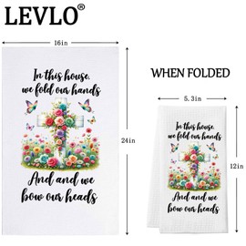 LEVLO Christian Cross Kitchen Towel Religious Gift in This House We Fold Our Hands and and We Bow Our Heads Christian Housewarming Gift (in This House Towel)