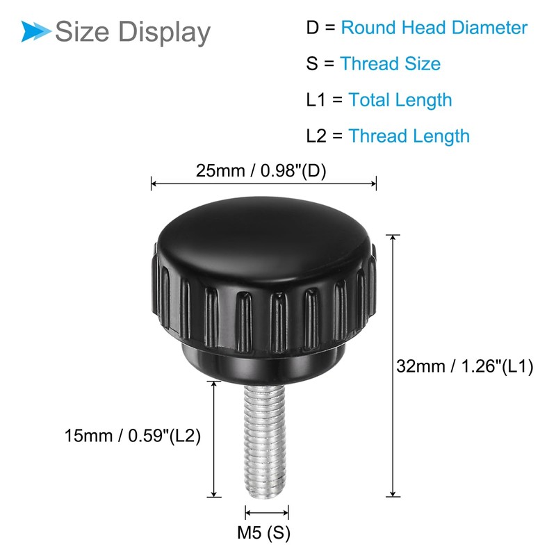 CoCud Thumb Screw Knurled Knobs, M5 x 15mm Male Thread,