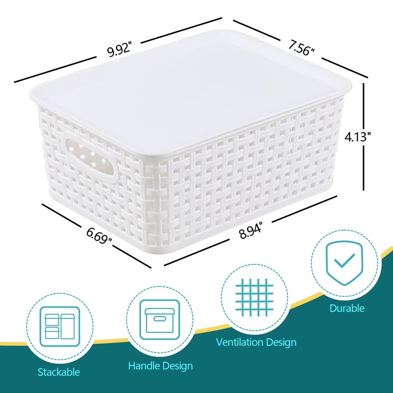 6-Pack Plastic Storage Basket with Lid, Small Organizer Bin, White