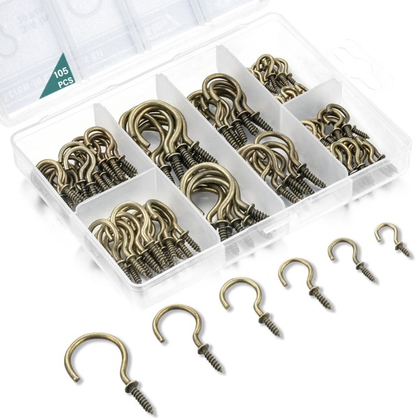 EIENHOSHI Cup Hooks, Bronze, Screw-in Hooks Kit for Hanging(1/2", 5/8", 3/4", 7/8", 1'', 1-1/4") - 105 Pcs