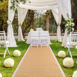 AK TRADING CO. 40" Wide Natural Burlap Wedding Aisle Runner with Ivory Lace - 40" Wide x 30 feet Long