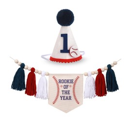 Rookie of the Year First Birthday Baseball High Chair Banner with Felt Hat