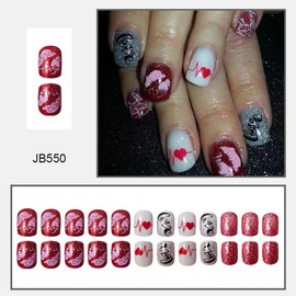 24Pcs Valentine's Day Press On Nails Short Square Fake Nails with Letter Heart Red Lips False Nails Silver Pink Glitter Full Cover Artificial Glue on Nails Valentines Stick on Nails for Women DIY