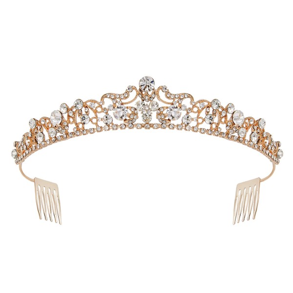 SWEETV Rose Gold Wedding Tiaras and Crowns with Side Comb, Rhinestone Bridal Crown Princess Tiara Jewelry Headpieces for Women and Girls, 1 Count (Pack of 1), Metal