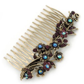 Vintage Inspired Deep Purple/AB Diamante 'Flowers' Side Hair Comb In Antique Gold Tone - 105mm