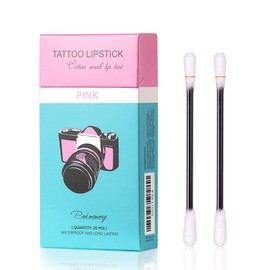 FLIPNEX 20Pcs Cotton Swab Tattoo Lipstick, Tattoo Lipstick Cotton Swab Lip Tint, Waterproof and Long Lasting Liquid Non-Stick Portable Lip Gloss (Pink)