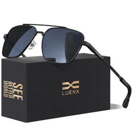 LUENX Mens Women Polarized Sunglasses Aviator, Square Polygon Black Lens Black Metal Frame Driving UV 400 Protection With Accessories 58mm