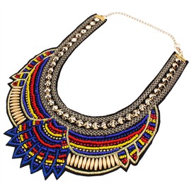 YAZILIND Ethnic Style Blue Multiple Millet Beads Chunky Chain Bib Statement Choker Collar Necklace for Women