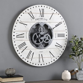 FirsTime & Co. White Shiplap Gears Wall Clock, Large Vintage Decor for Living Room, Home Office, Round, Wood and Plastic, Farmhouse, 27 inches