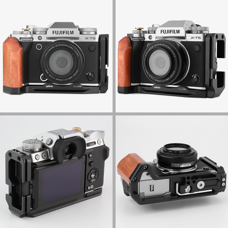 LEFTFOTO X-T5 レトロハンドグリップ L字型ブラケットハンドル 木製グリップ付き Fuj XT5 カメラ用 取り外し可能な垂直張力サイドクイックリリースプレート付き Arca