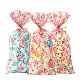 LEOSINDA 100 Pieces Roses Cellophane Treat Bags, 5 X 11 Inches Candy Bags for Gift Wrapping, Wedding Bridal Shower Supplies Favors Decorations Birthday Theme Floral Graduation Decor (Flowers)