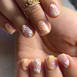 BFY Flower Press on Nails Short Square White Daisy Fake Nails, Yellow White Flowers Stripe Acrylic Nails Tip, Nude Glossy Gel Manicure Stick on Nails with Glue, Fall Summer False Nails Kit 24Pcs