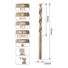 Duraherra Cobalt Drill Bits Set 3mm 10-Pieces, M35 HSS Metric Jobber Drill Bit Set with Plastic Case for Stainless Steel, Metal, Aluminium, Tile, Wood, Plastic and Iron