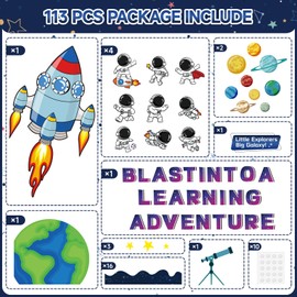 Outer Space Astronaut Bulletin Board Decorations, 113pcs Space Theme Classroom Decor Back to School Rocket Planet Galaxy Astronaut Cutouts for Kids School Classroom Chalkboard Wall Decor
