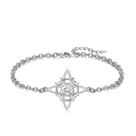 CELESTIA Womens Celtic Witches Knot Bracelets 925 Sterling Silver Wicca Moon and Star Pentagram Bracelet Witchy Jewellery Pagan Witch Gifts for Women - 7.08 Inches
