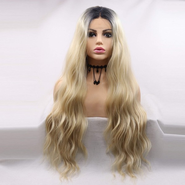 Ombre Blonde Wavy Synthetic Hair Wig with Dark Roots Long Straight Wavy Blonde Lace Front Wig Natural Looking Heat Resistant Fiber Synthetic Hair Replacement Wigs (Green)