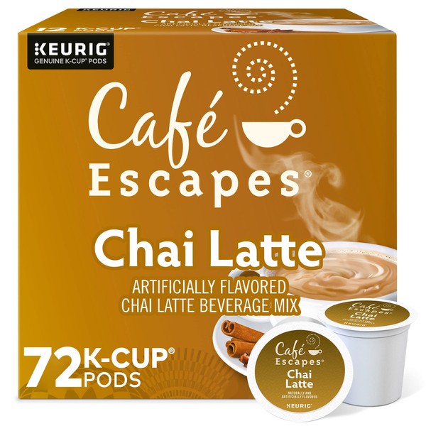 Cafe Escapes, Chai Latte Tea Beverage, Single-Serve Keurig K-Cup Pods, 72 Count (3 Boxes of 24 Pods)