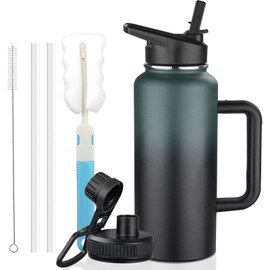 32oz Insulated Water Bottle with Handle, Stainless Steel Sports Metal Water Flask with Straw & 2 Leak Proof Lids, Double Walled Vacuum Wide Mouth Water Bottle for Travel,Camping,Gym (Dark Green Black)