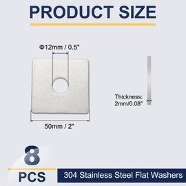 sourcing map 8 Pcs Flat Square Plate Washer, 12MM ID x 50MM OD x 2MM Thick 304 Stainless Steel Flat Pad Spacer Gasket for Bolts Factories Bathroom Repair Shops Construction, Silver