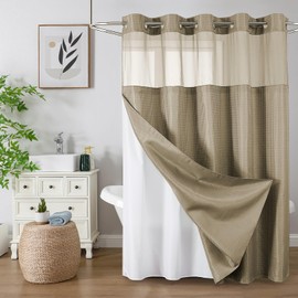 Colorful Star No Hook Shower Curtain with Snap in Fabric Liner, Waffle Weave Heavy Duty Thick Shower Curtains with Mesh Top Window, Hotel Style Waterproof Bathroom Curtain Set, 72 x 75 Inch, Beige