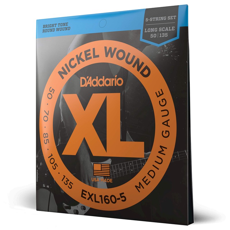 D'Addario Electric Bass Guitar Strings, XL Nickel, EXL160-5, Medium Gauge