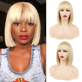 Huarisi 8 Inch Short Blonde Bob Wigs with Bangs Human Hair Straight 613 Colour 8a None Lace Glueless Brazilian Hair for Black Women