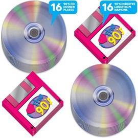 90's Party Supplies - Floppy Disk Napkins and CD Paper Plates (Serves 16)