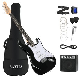 SAYHA Electric Guitar, 39 Inch Solid Full-size Electric Guitar HSS Pickups Starter Kit Includes Amplifier, Bag, Digital Tuner, Strap, String, Cable, Picks（Black）
