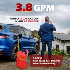 Fuel Transfer Pump with Auto-Stop, AA Battery Powered/DC 12V Power Modes, 51" Hose with Tank Adapter for Most Gas Cans, Portable Liquid Pump for Gasoline, Diesel, Fuel, Oil, etc