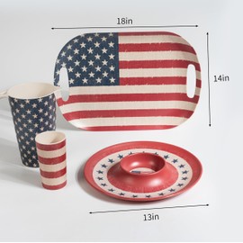 Kingen 2PC Patriotic Bamboo Fiber Trays Set - 18" Handled Serving Tray & 13" Chip&Dip Platter, Stars & Stripes Dishes for 4th of July Independence Day, Veterans Day, Picnics, BBQs & Parties (RWB)
