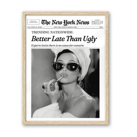 iHery Natural OAK Wood Audrey Hepburn Newspaper Trendy Framed Wall Art, 12x16 in Vintage Headline Canvas Bedroom Wall Decor, Better Late Than Ugly,Set of 1 Bathroom Print Apartment Girly Dorm Room