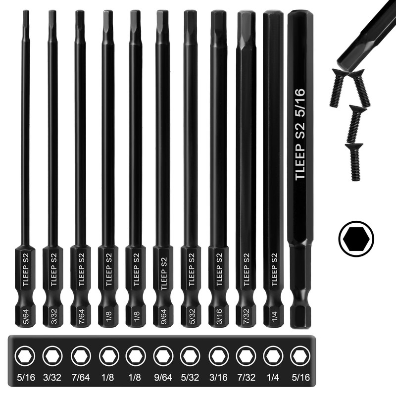 TLEEP 11Pcs 1/4" Allen Wrench Drill Bit Set 5/16"-5/64", 100MM