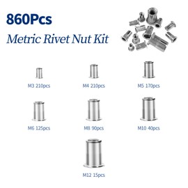 GOOBETTER 860pcs Metric Rivet Nuts Assortment Kit, M3 M4 M5 M6 M8 M10 M12 UNC Threaded Inserts Nut, Stainless Steel Nutsert Kit for Automotive & DIY