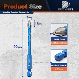 BRSCHNITT Head Eccentric Drill Bit 1/4" 6mm - 10pcs Carbide Tipped Drill bit Masonry Drill Bit Sets for Porcelain Ceramic Tiles Glass Hard Plastic Cement/Granite etc
