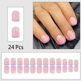 24 Pcs French Tip Press on Nails Short Square Pink White Flower Design Fake Nails Purple French Fake Nail Tips Spring Summer Floral Glue on Nails Cute Flowers Acrylic Nails for Women Girl