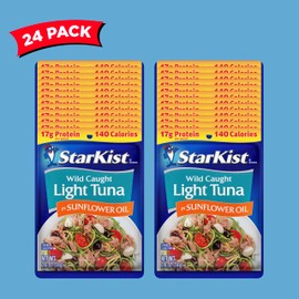 StarKist Chunk Light Tuna in Sunflower Oil, 2.6 oz Pouch (24 Pack) Ready to Eat Wild Caught Tuna, 17g Protein, 140 Calories Per Serving, Gluten Free, Soy Free, Kosher, Perfect for Meals and Snacks