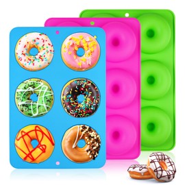 3 Stück 6 Hohlraum Donuts Backform Silikon, Donut Backform Hitzebeständigkeit, Donutform Silikon, Donut Form, Antihaft Donutform BPA-Frei Bagel Für Machen Kekse, Muffins, Grün, Rosa, Blau