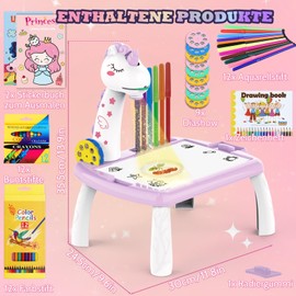 BuzzoXerex Drawing Projector for Children, Projection Drawing Board Children, 52 Pieces Painting Projector Children's Set with 72 Designs, Sketchbook, Sticker Book, Coloured Pens for 3-10 Years Children (Purple)