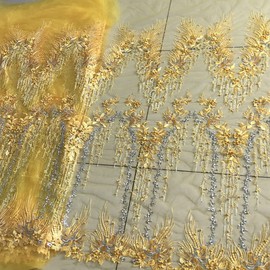 Yellow Beaded Pearl Flower Fabric Lace Applique, Floral Embroidered Patches Handmade Sewing Tool for DIY Neckline Bodice Wedding Bridal Prom Dress