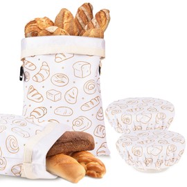 LAKE OF FIRE Bread Bags, 2 Reusable TPU Food Storage Bags with 2 Bowl Covers,Compact Kitchen Organizer for Baking/Camping (White + Bread)