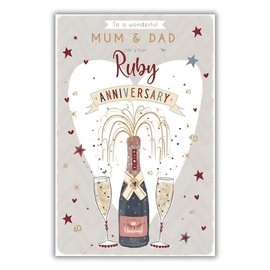 Mum & Dad Ruby Anniversary Card - 40th - 40 Years - Champagne Pop and Love Heart Design - Special Finishes and Illustrated Insert Leaf - Made in the UK