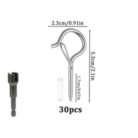 Kellegour Pack of 30 Screw Hooks, Stainless Steel Silver, Hooks for Screwing with Security, Ceiling Hooks, Coated Multi-Purpose Hooks for Plants, Flower Pots, Decorative Lights, Hammocks, Cups