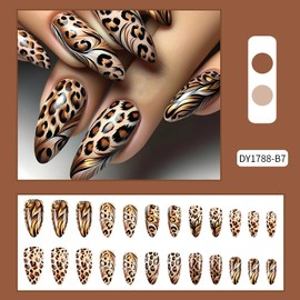 Leopard Print Press on Nails Fake Nails Almond Medium,Aqinmony with Designs False Nails Almond Medium, French Tip Full Cover Glue on Nails , Glossy Acrylic Thick Stick on Nails Medium For Women 24Pcs DY1788-B7