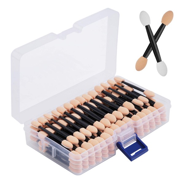 Cuttte 120PCS Disposable Dual Sides Eye Shadow Sponge Applicators with Container, 2.44' Length Eyeshadow Brushes Makeup Applicator