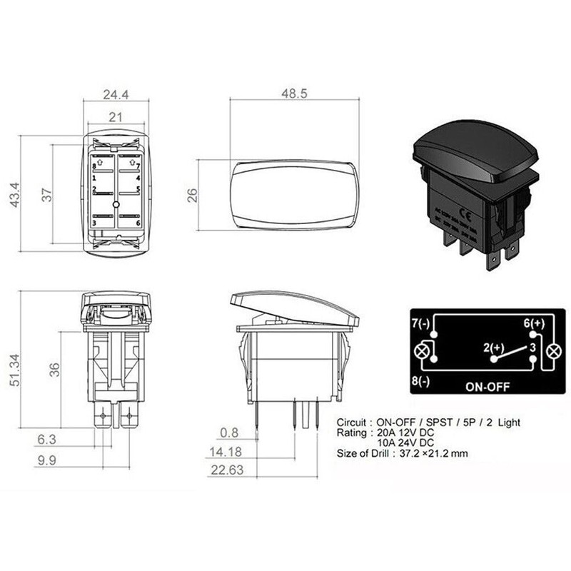 12V 20A / 24V 10A ON-Off Rocker Switch PTO 6T06B