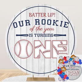 Laeacco 6x6ft Baseball 1st Birthday Round Backdrop Our Rookie of The Year is Turning One Circle Backdrop Kids Boy First Birthday Photo Background Wooden Board Baseball Sports Bday Party Supplies
