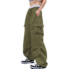 FENGQIYUNHAI Cargo Pants Women Baggy Parachute Pants Woman Mutil Pockets Loose Fit Y2K Casual Pants for Women ArmyGreen