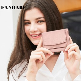 FANDARE Women's Purse with RFID Wallet Plain Wallet Short Shape Leather Wallet Small Wallet Women Purse with 6 Card Slots and Change Compartment, pink, Retro