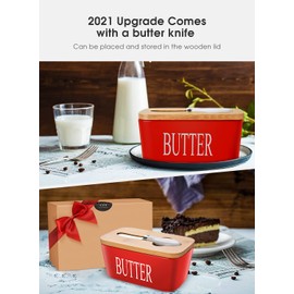AISBUGUR Large Butter Dish with Lid Ceramics Butter Keeper Container with Knife and High- quality Silicone Sealing Butter Dishes with Covers Good Kitchen Gift Red 6.3 x 3.5 x 2.7 inches