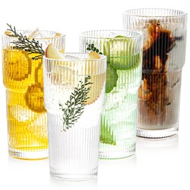 Sunidearly Ribbed Glass Tumbler Set of 4-20oz Textured Drinking Glasses for Iced Coffee, Smoothies & Cocktails - Durable Glassware with Wide Rim - Dishwasher-Safe Cups for Kitchen or Bars